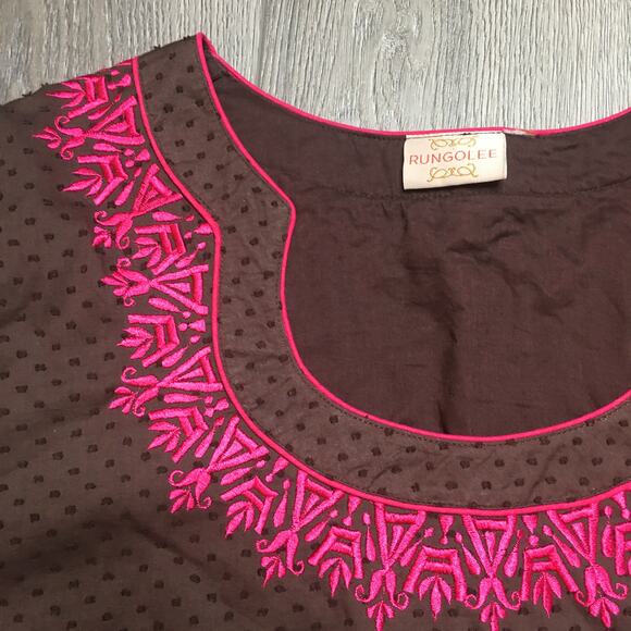 Rungolee Womens Embroidered Embellished Tunic Top Side Slit Brown Pink - Picture 3 of 11
